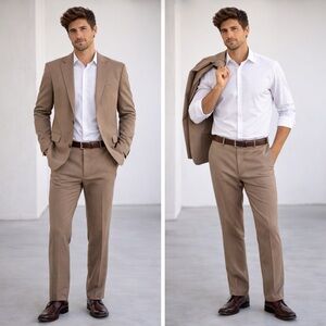Express Classic Tan Suit Set 42L Blazer 32x33 Pants Men’s Dress Suit